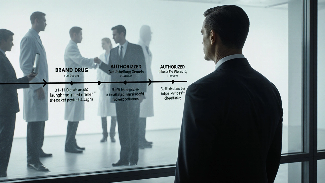 A pharmaceutical executive stands before a timeline showing an authorized generic launching as the brand fades.