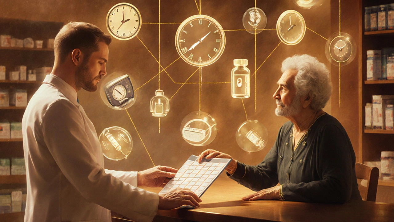 A pharmacist handing a pill organizer to an elderly woman, with medical icons floating in golden light.