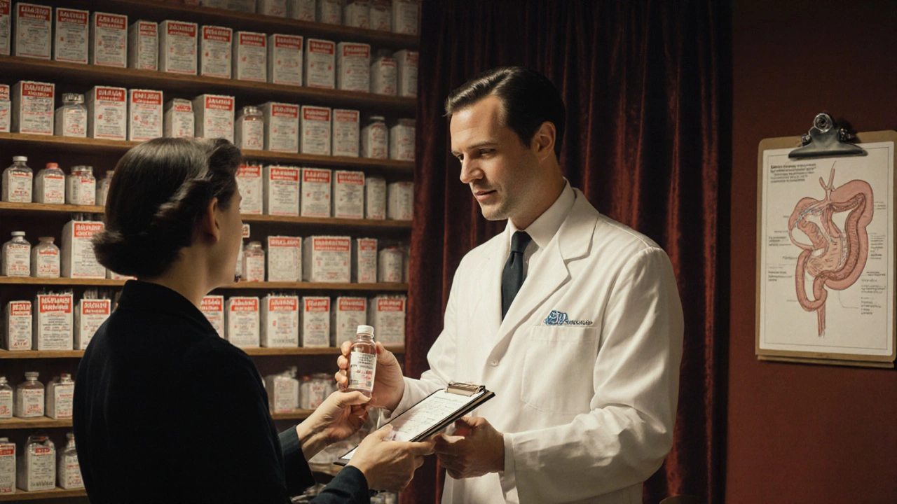 A pharmacist hands liquid medication to a patient, with warning labels and a blood test chart in the background.