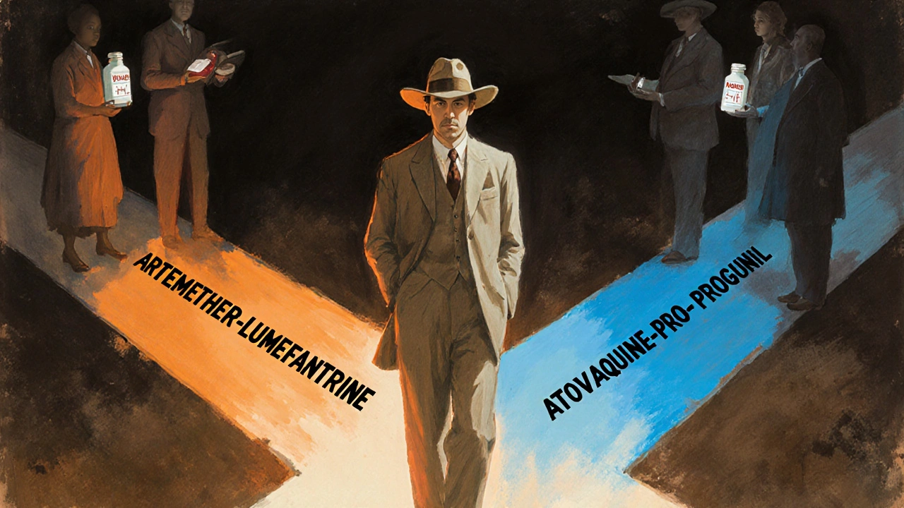 A traveler at a crossroads between two antimalarial options, with warning symbols and drug bottles in classic editorial illustration style.