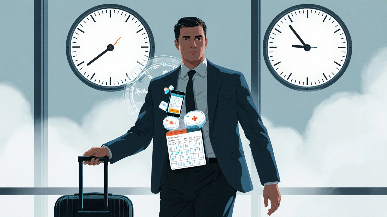 A traveler at an airport with pill organizer and refill notification, symbolizing time zone adaptation.