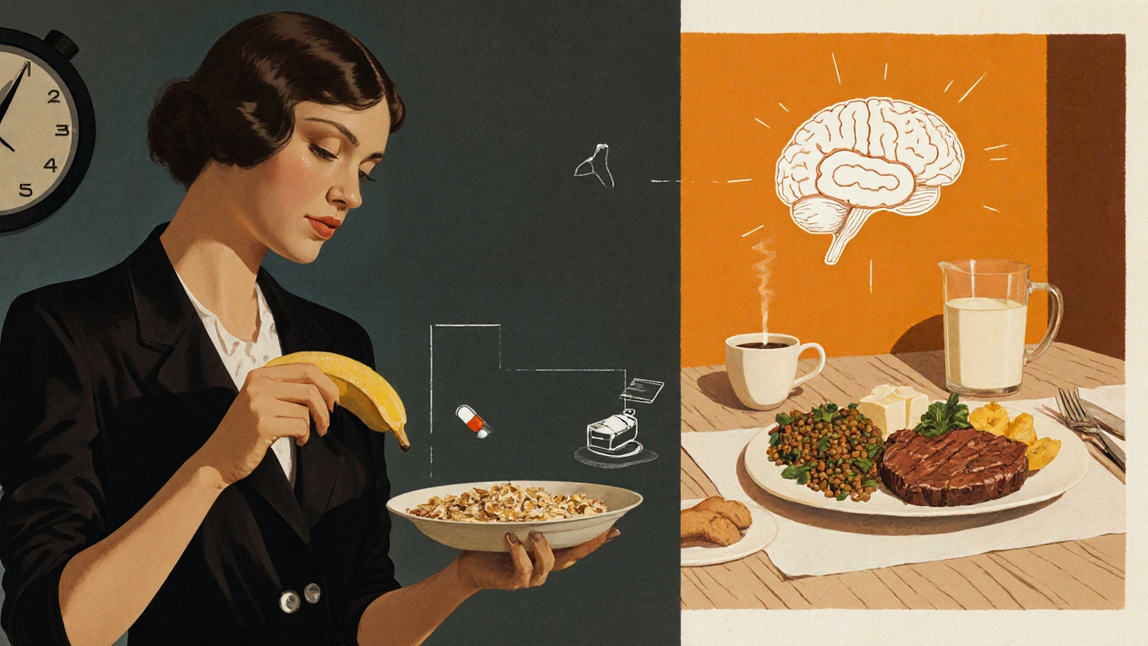 A woman eats a low-protein breakfast while a mural shows protein-rich dinner, symbolizing timed dosing.