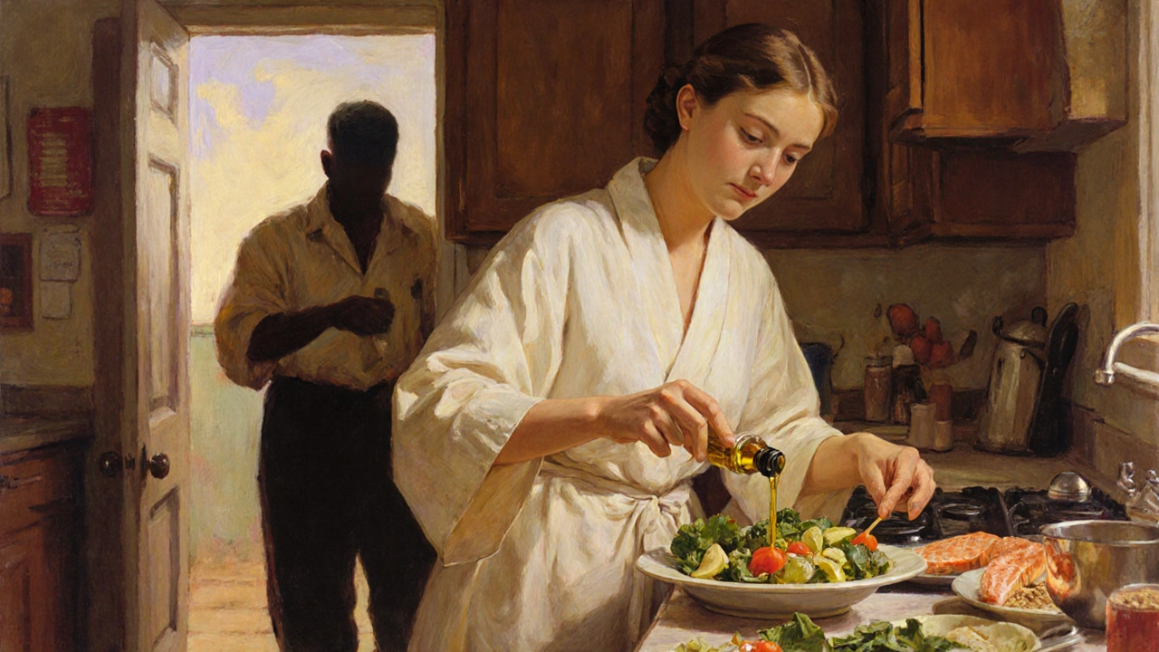 A woman prepares a healthy Mediterranean meal at dawn, leaving behind a fading unhealthy past self.