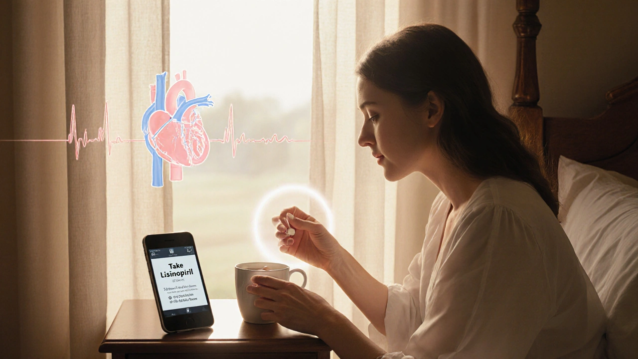 A woman taking morning pills beside coffee, sunlight highlighting a phone alarm and healthy body glow.