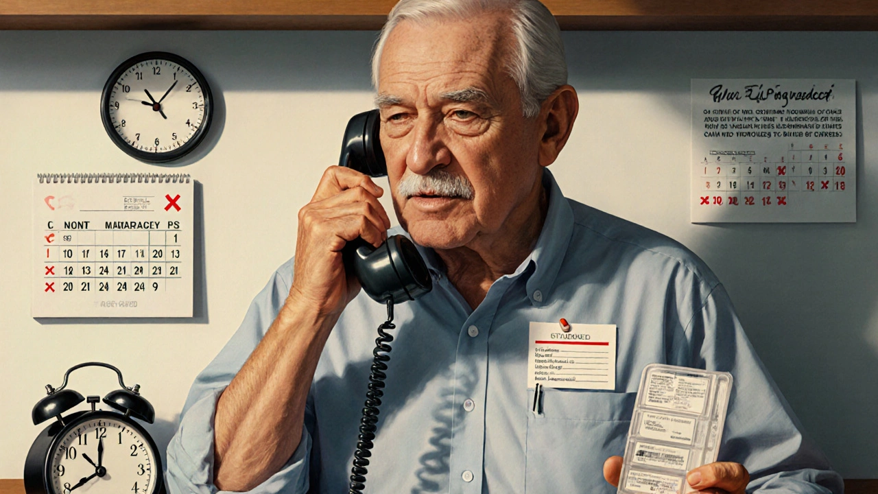 An elderly man calling the pharmacy about his prescription with pill organizer nearby.