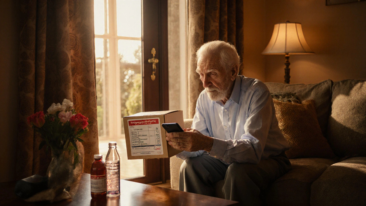 An elderly person receiving a medication package at home, checking a smartphone with real-time temperature data.
