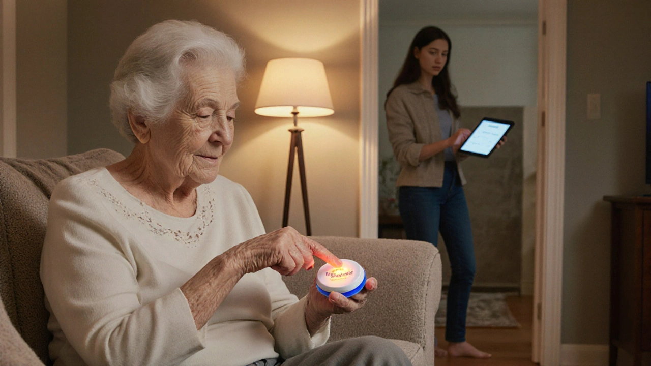 An elderly woman receiving a voice reminder from a MedMinder device as her daughter watches lovingly.