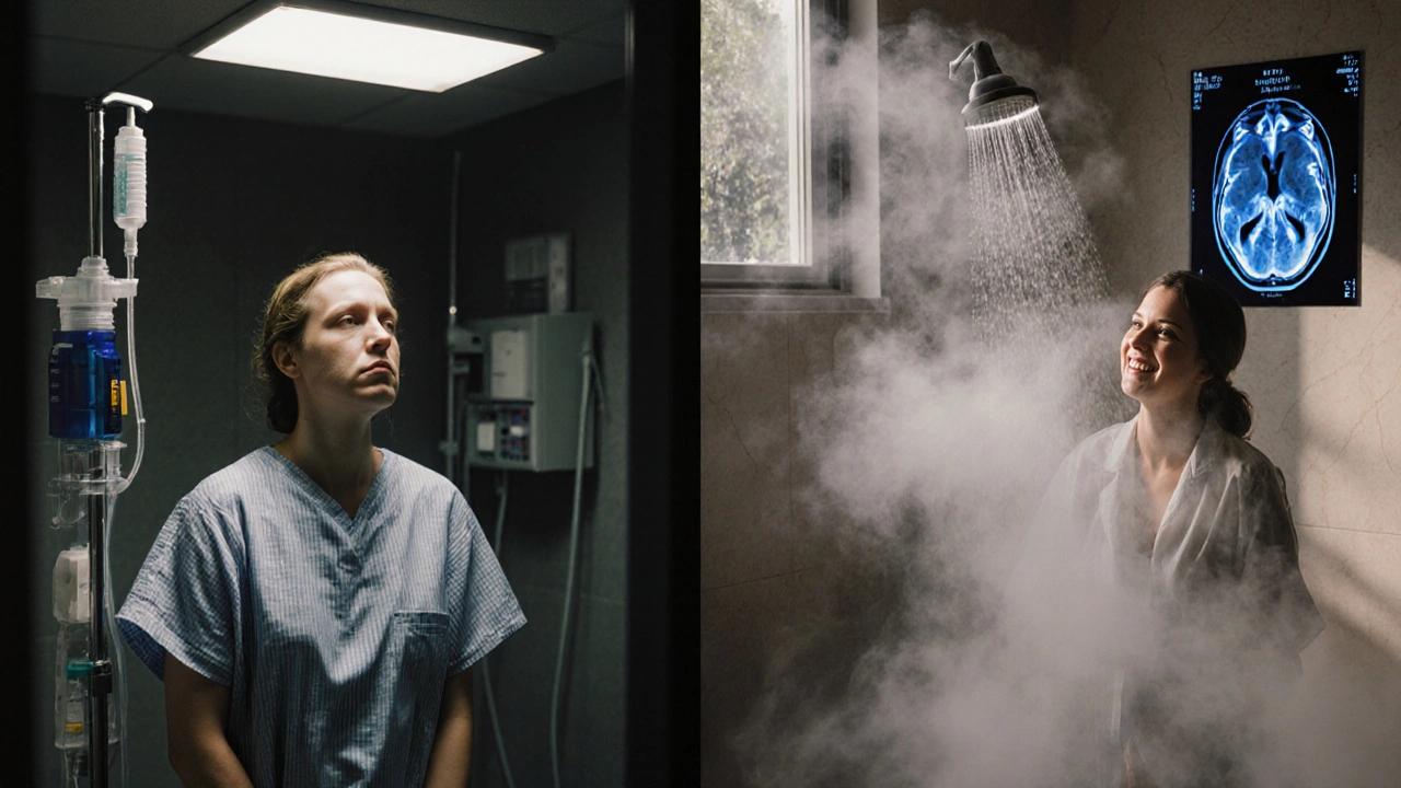 Contrasting scenes: patient receiving IV steroids vs. cooling off at home with no new MRI lesions.