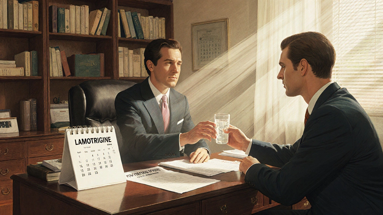 Doctor and patient sharing non-alcoholic drink in sunlit office with medical report on desk.