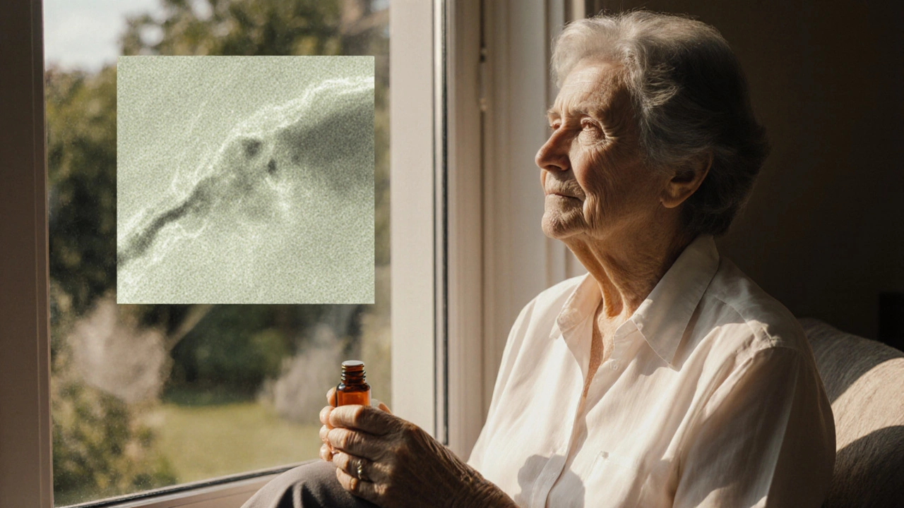 Elderly woman gazing out a window, holding loteprednol bottle, translucent OCT scan showing healing macula behind her.