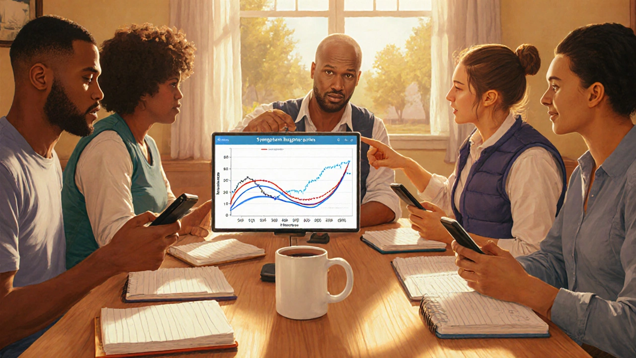 Group of MS patients tracking symptoms at a kitchen table, with cooling vest and logs visible.