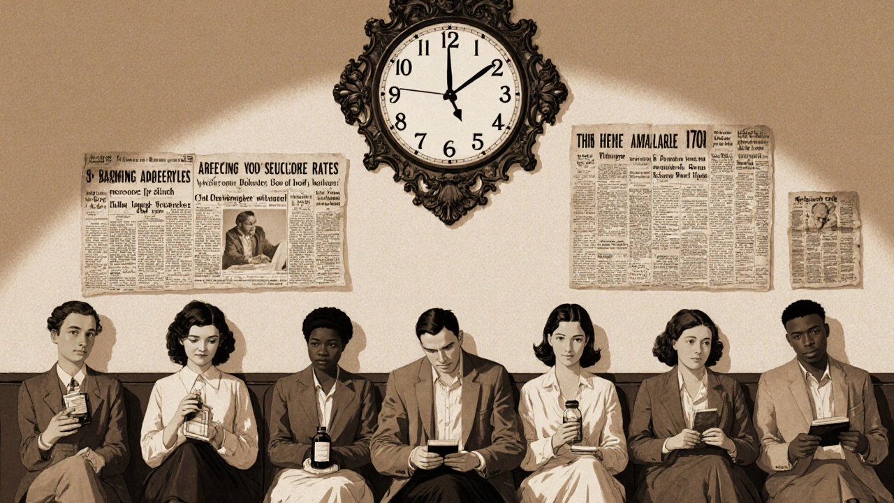 Parents sit in a waiting room, each holding symbols of their dilemma, as a frozen clock ticks above them.