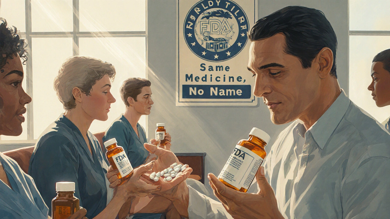 Patients in a waiting room hold different pill bottles, one with a simple label labeled &#039;Authorized Generic&#039;.