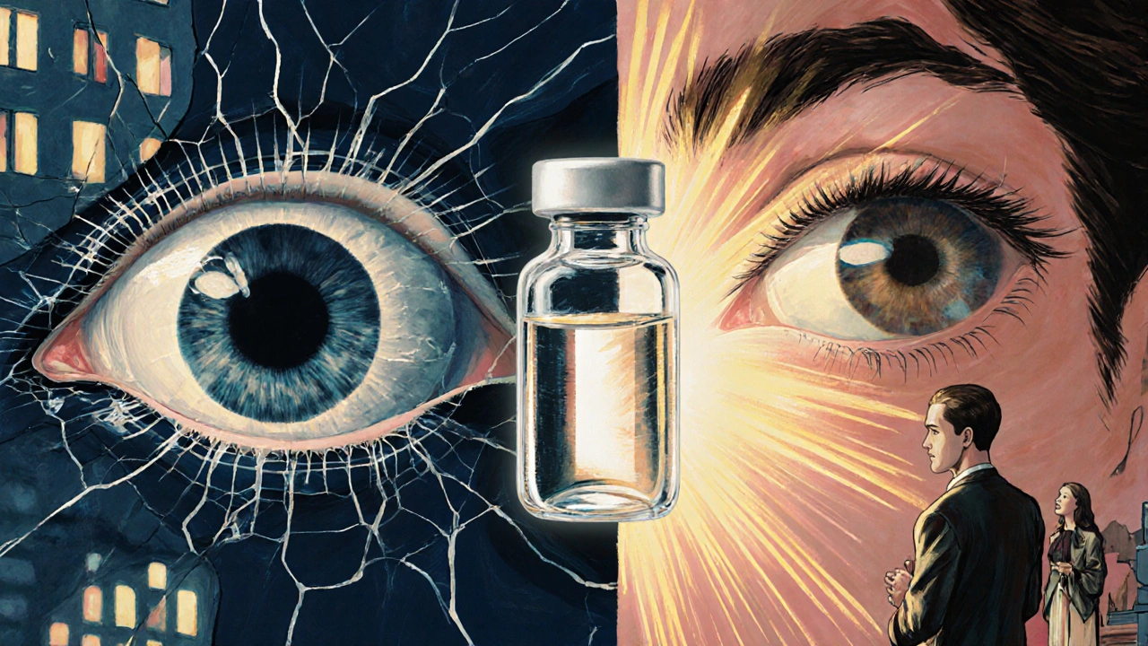 Split image: damaged macula transforming into clear vision, with a steroid vial hovering between, warm tones.