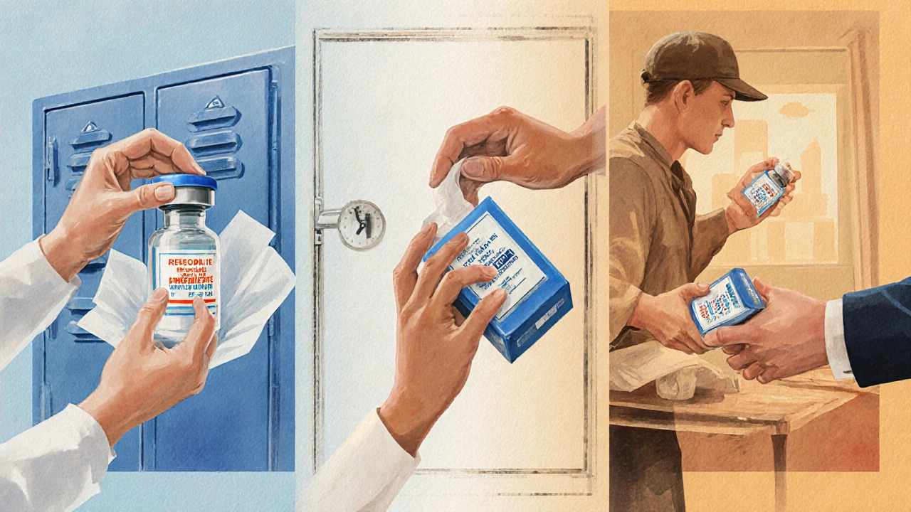 Three symbolic hands passing a temperature-controlled medication package from pharmacy to patient.