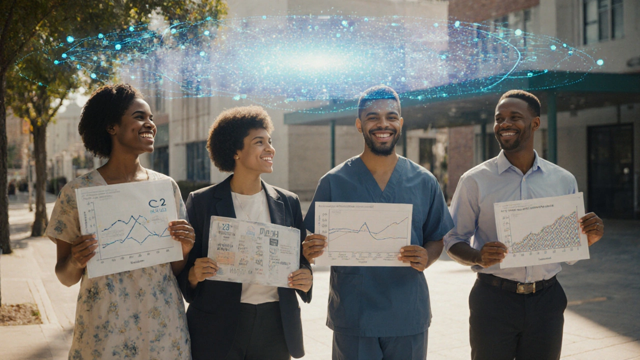 Transplant recipients stand in line with medical charts as an AI interface projects personalized dose predictions above them.