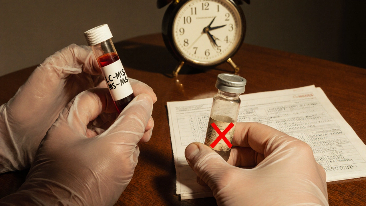 Two hands hold contrasting blood tubes — modern LC-MS/MS and outdated immunoassay — on a wooden table.