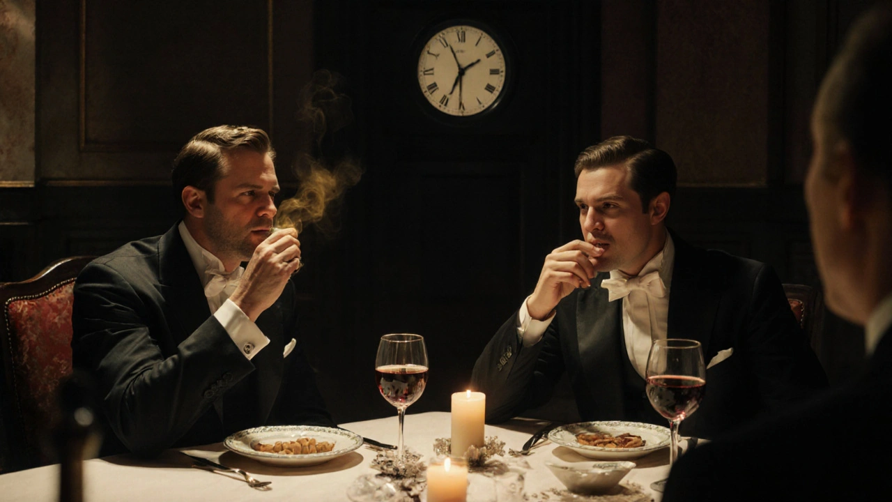 Two men at dinner, one taking Cenforce Soft under the tongue with golden mist rising.