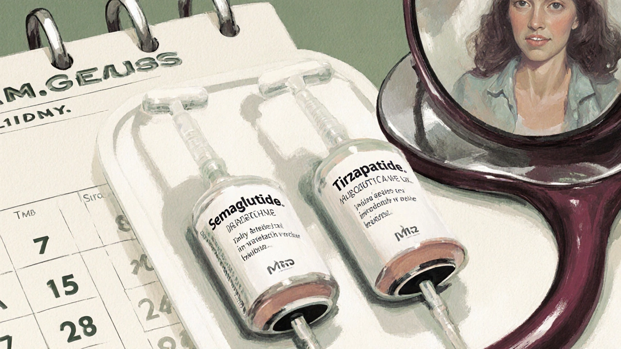 Two weight-loss medications on a tray with a stethoscope and calendar, symbolizing medical care.