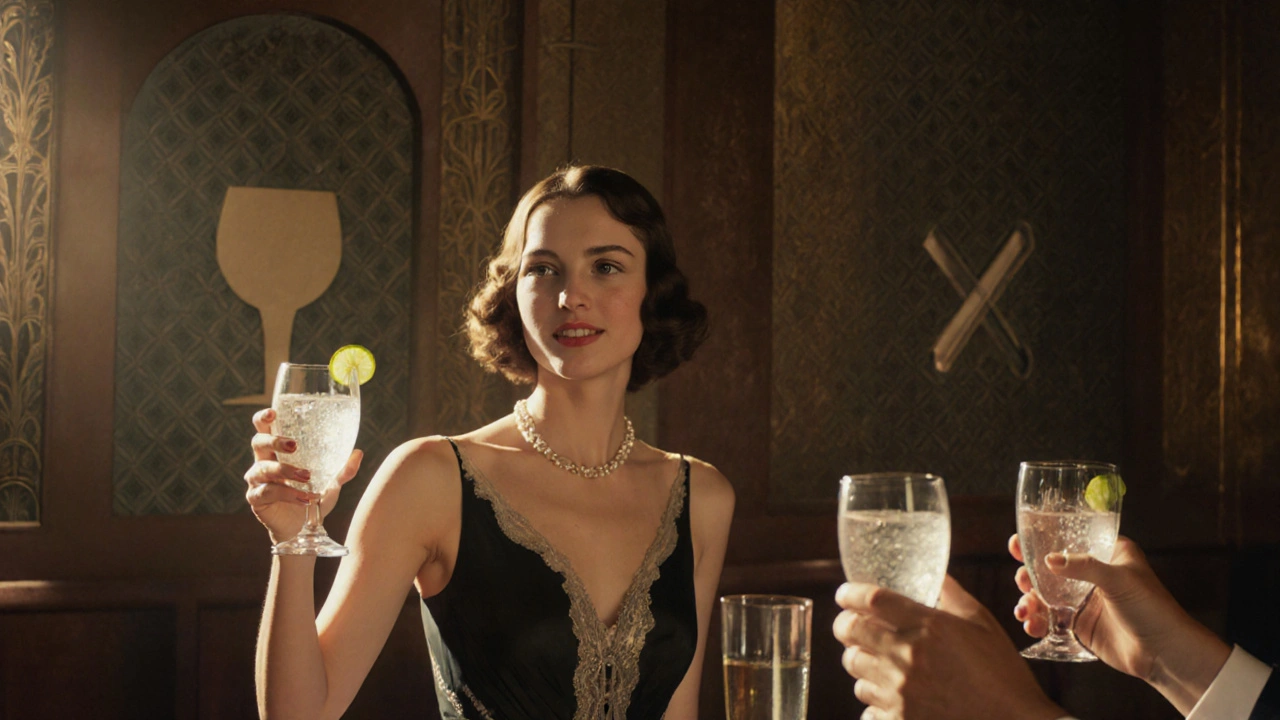 Woman raising sparkling water at a lounge, alcohol glass subtly blurred beside her.