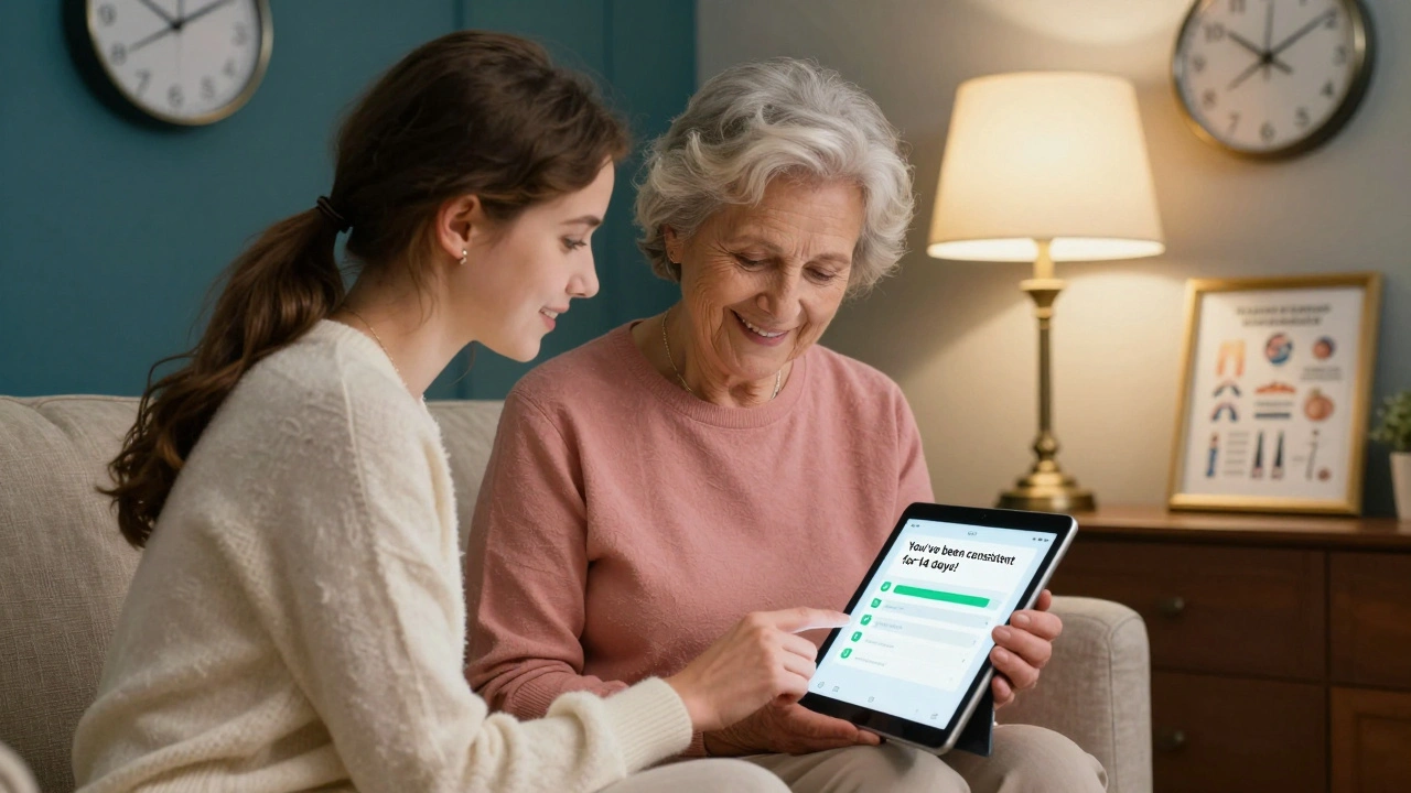 A daughter helping her mother set up a medication app on a tablet, smiling together.