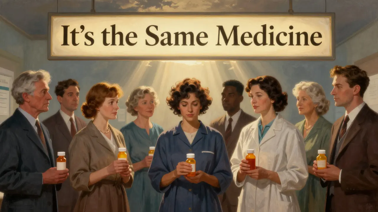 A diverse group of patients hold generic pill bottles, bathed in dawn light beneath a banner saying 'It’s the Same Medicine'.