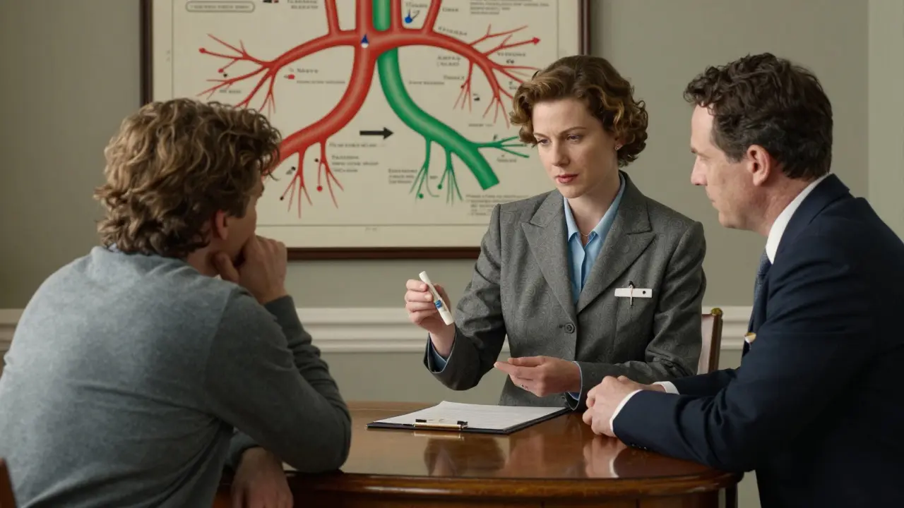 A doctor and patient discussing HRT options with a visual chart comparing pill and patch delivery methods.