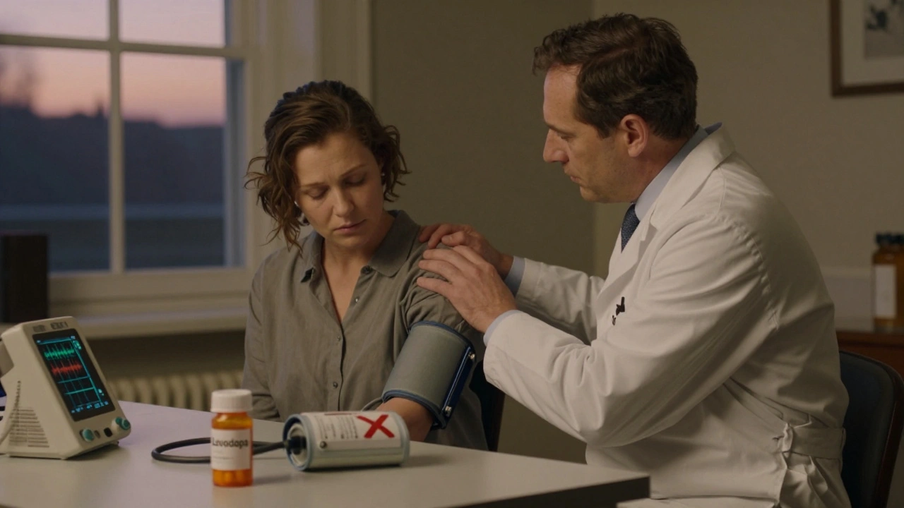 A doctor comforts a patient as levodopa pills are marked with an X, and medical devices for blood pressure and sleep disorders sit on the table.