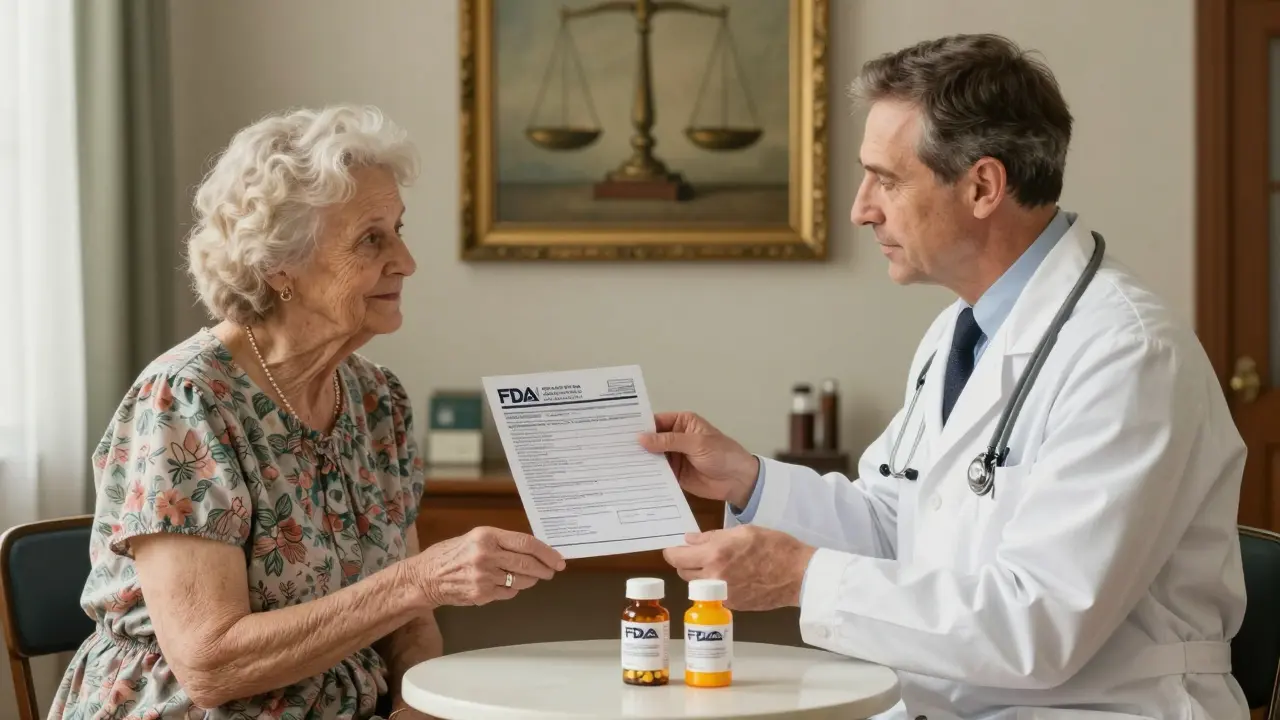 A doctor hands an elderly woman an FDA fact sheet, with two identical pill bottles on the table between them.