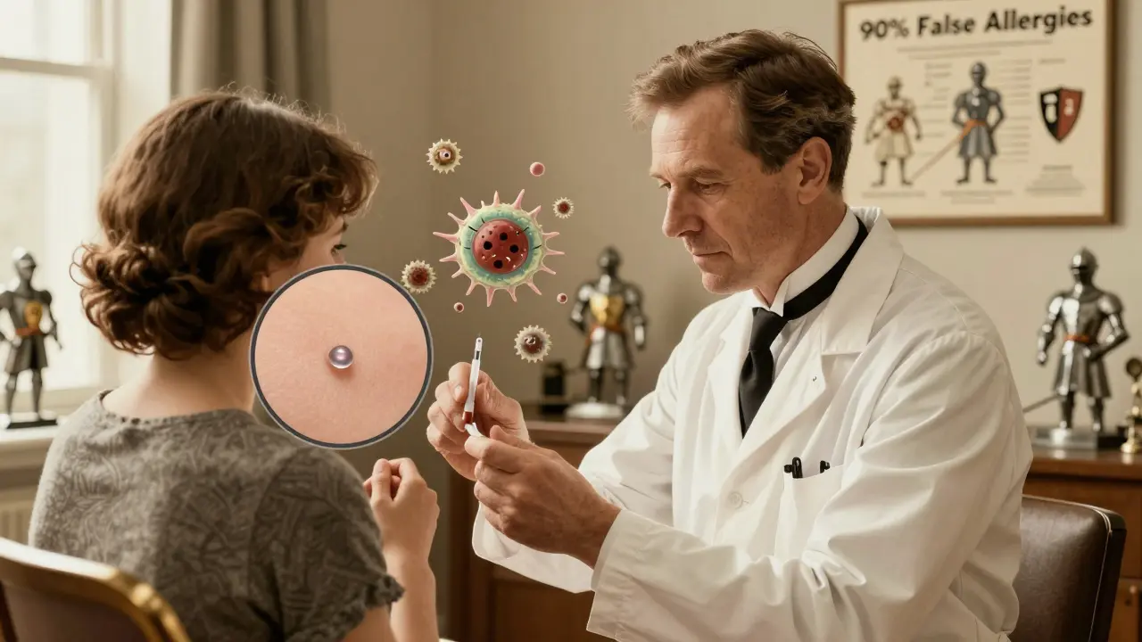 A doctor performs a penicillin skin test with immune cells depicted as stylized figures, in classic J.C. Leyendecker illustration style.