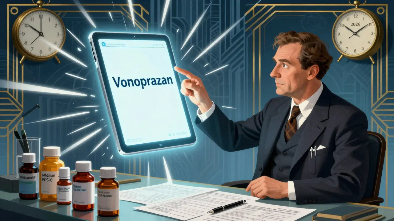 A doctor pointing to a glowing vonoprazan tablet as older PPIs fade in the background.