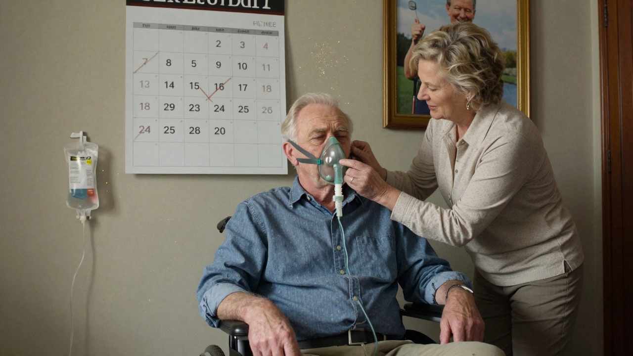 A family cares for a man in a wheelchair, with a CPAP mask and calendar showing passing time, while a photo of his past life hangs on the wall.