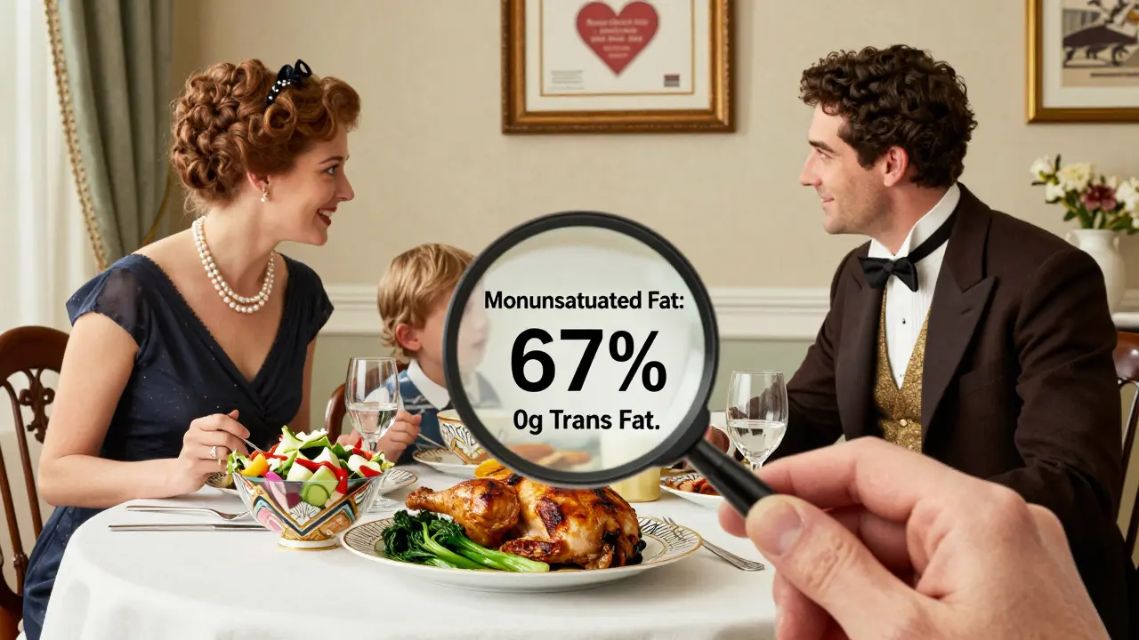A family shares a meal as a magnifying glass reveals a nutrition label with heart-healthy fat percentages.