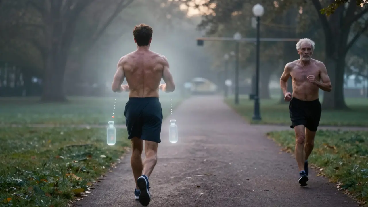 A figure walks away from a gym at dawn, his muscles fading as drug vials dissolve into mist, in Leyendecker style.