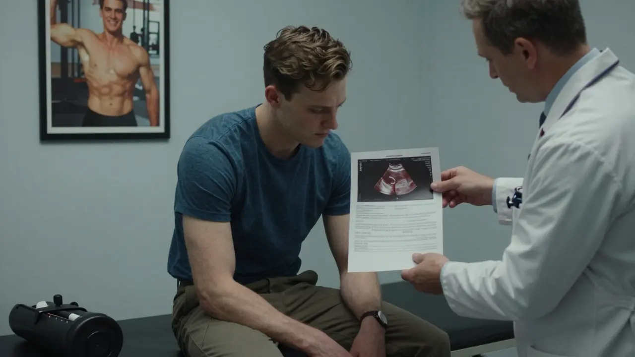 A man on a hospital table looks at a heart scan while a doctor points to abnormalities, in Leyendecker style.