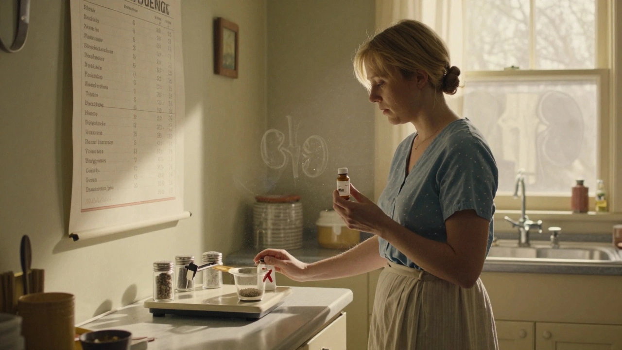A patient in a kitchen hesitates between salt and supplements, with fading kidney outlines in the background, symbolizing delicate electrolyte balance.