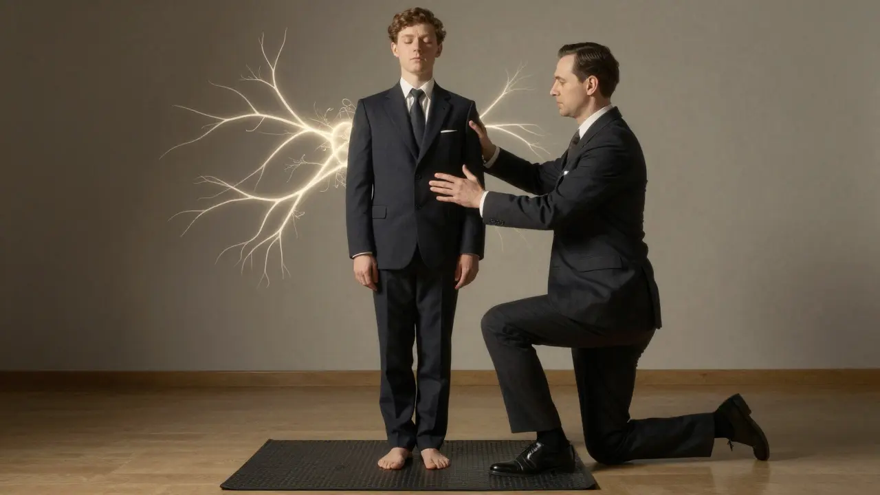 A patient undergoing vestibular rehab with a neurologist, guided by neural light patterns.