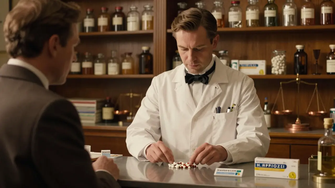 A pharmacist arranging generic GI meds beside a branded combo pack in a vintage pharmacy.