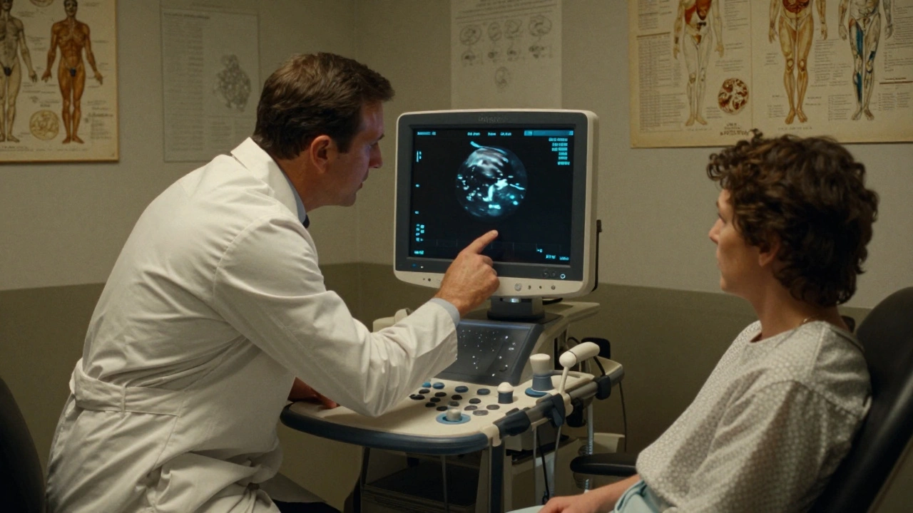 A radiologist pointing to a liver mass on an ultrasound screen, patient watching nearby.