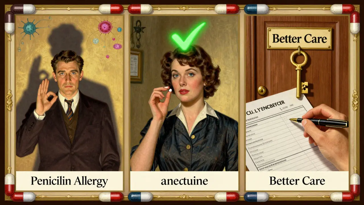 A triptych showing the consequences of mislabeled drug allergies versus correct diagnosis, rendered in J.C. Leyendecker's iconic artistic style.