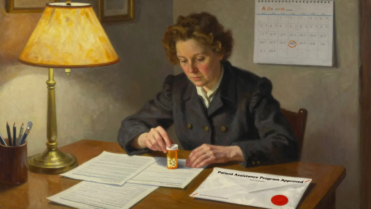 A woman at home reviewing paperwork for a patient assistance program, lamp-lit, emotional yet calm.