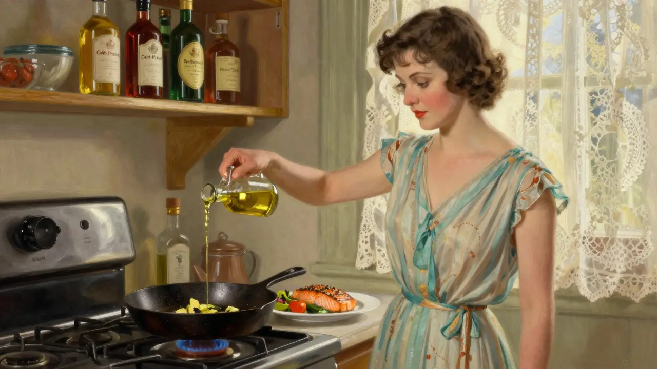 A woman in a 1920s dress pours avocado oil into a sizzling skillet with salmon and vegetables nearby.