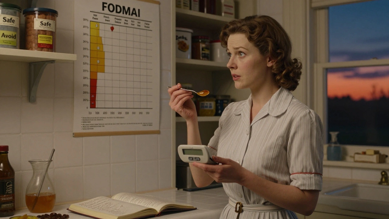 A woman measures honey with a scale, guided by a FODMAP chart in her kitchen.