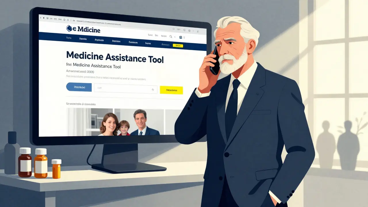 An elderly man using a digital tool to find medication help, morning light, determined expression.