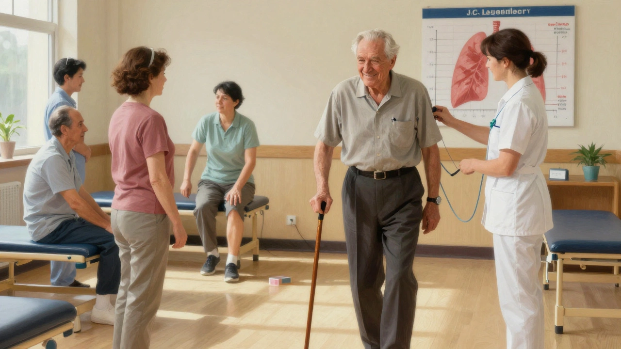 An older man walking in pulmonary rehab, supported by staff and smiling.
