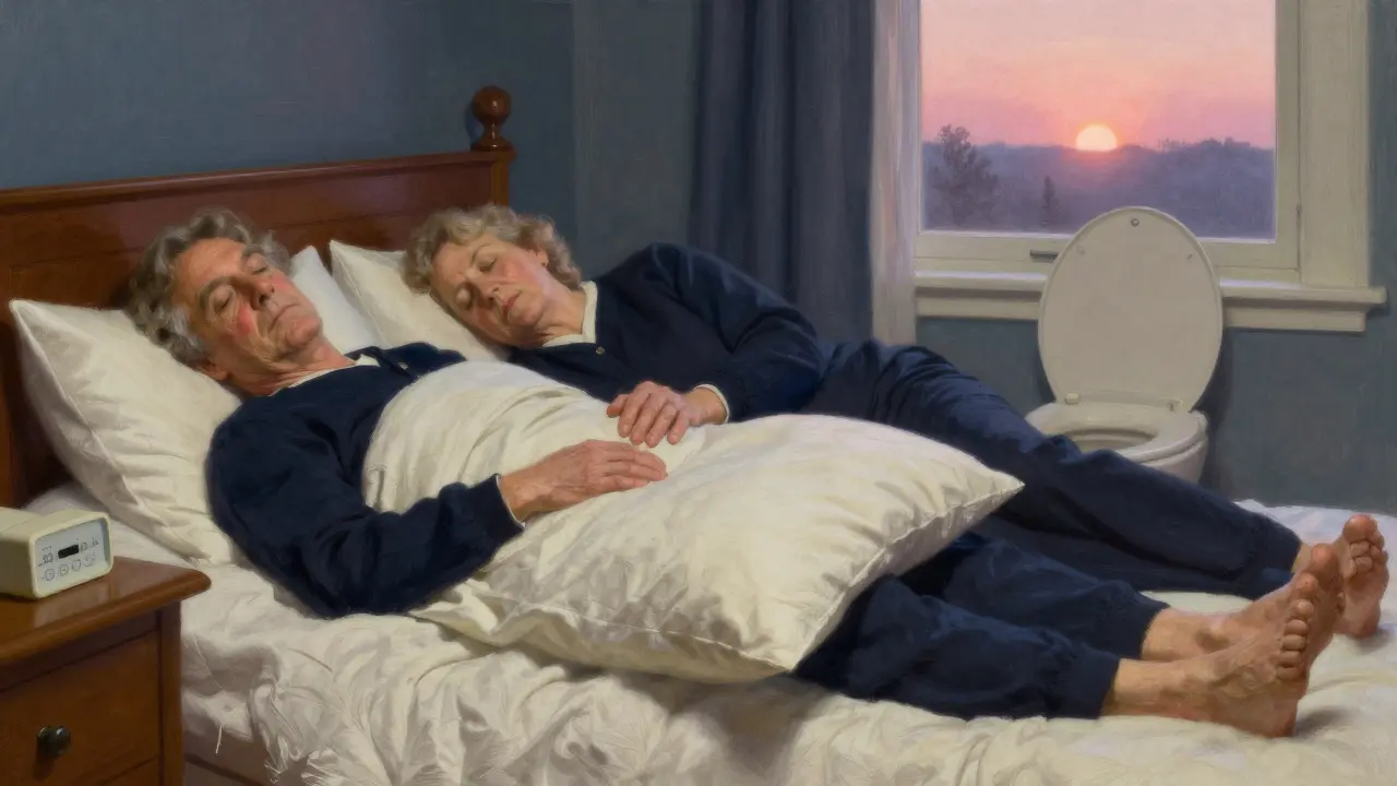 Couple sleeping with pillow between knees, promoting hip alignment during rest.