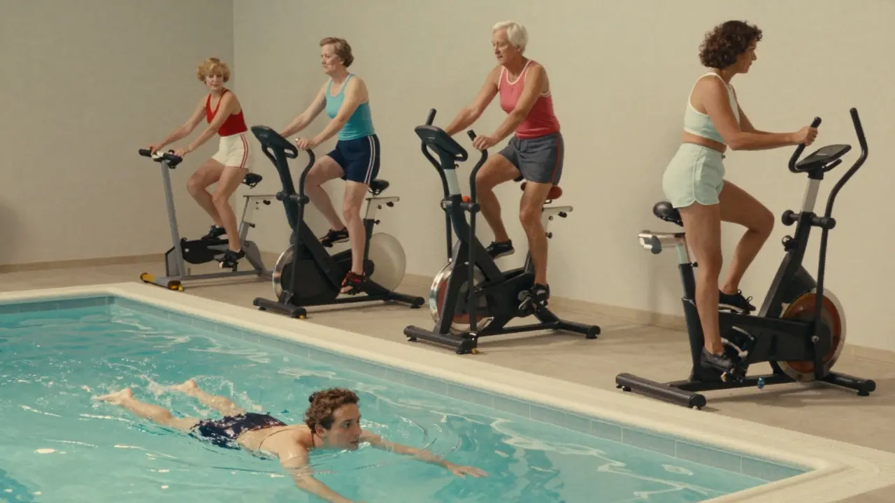 Diverse adults exercising gently in a peaceful, sunlit environment.