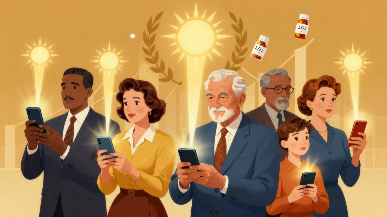 Diverse adults receiving digital medication reminders with health graphs glowing around them.