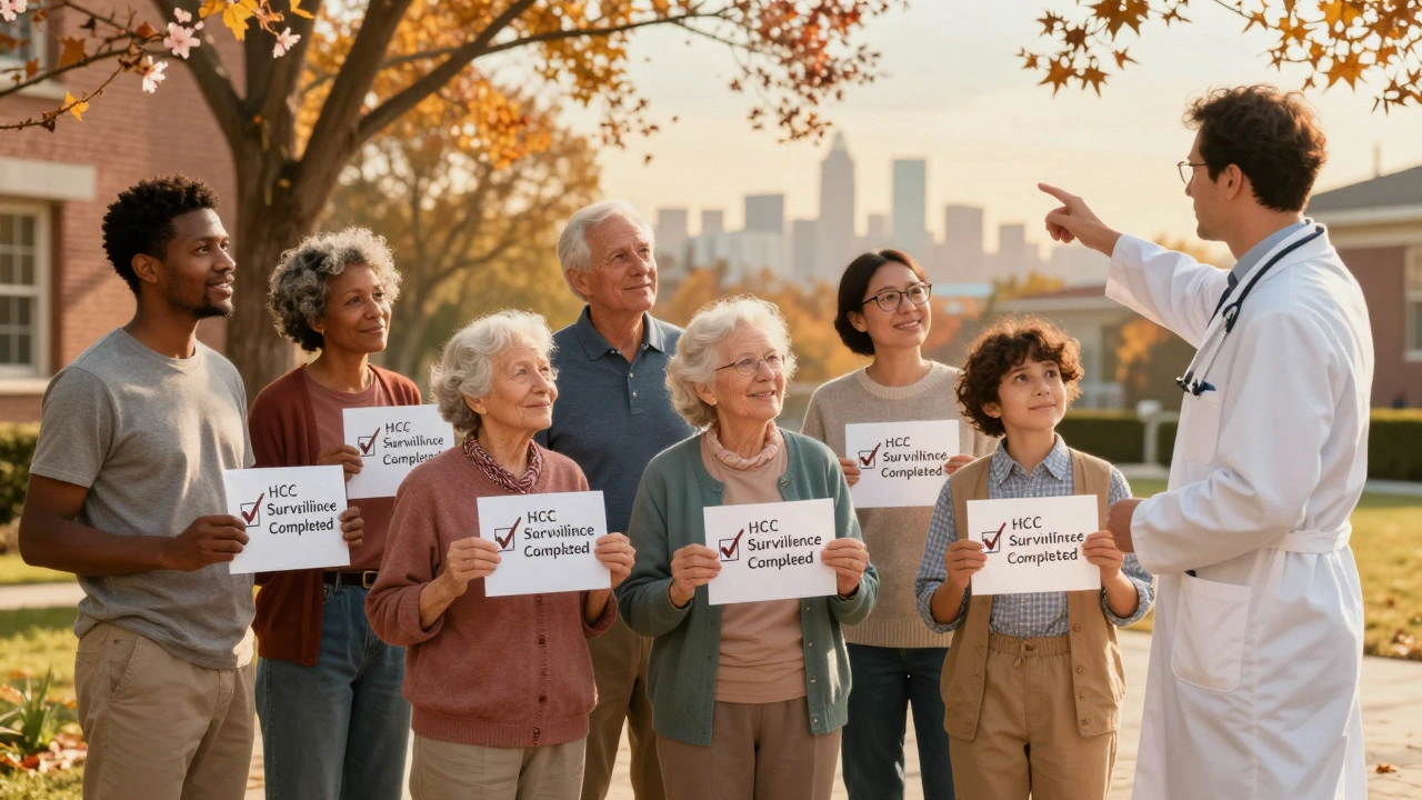 Diverse patients in a sunlit courtyard holding checkmarked surveillance forms, smiling together.