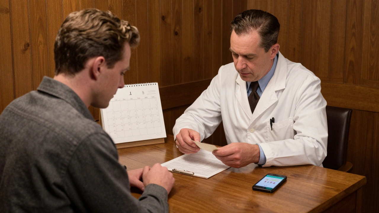 Doctor and patient in office discussing treatment, with prescription, blood test, and recovery app on desk.
